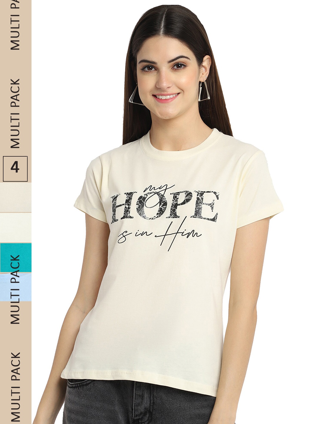 

Fabflee Pack of 4 Graphic Printed Round Neck Cotton T-shirt, Cream
