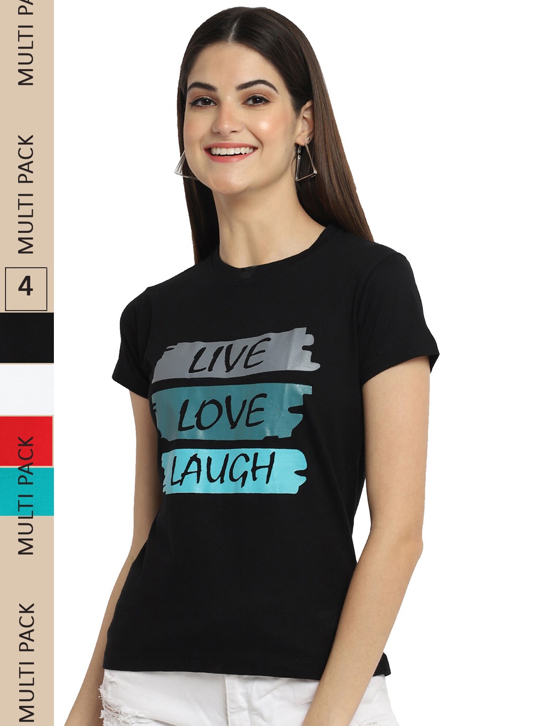 

Fabflee Pack Of 4 Typography Printed Cotton T-shirt, Black