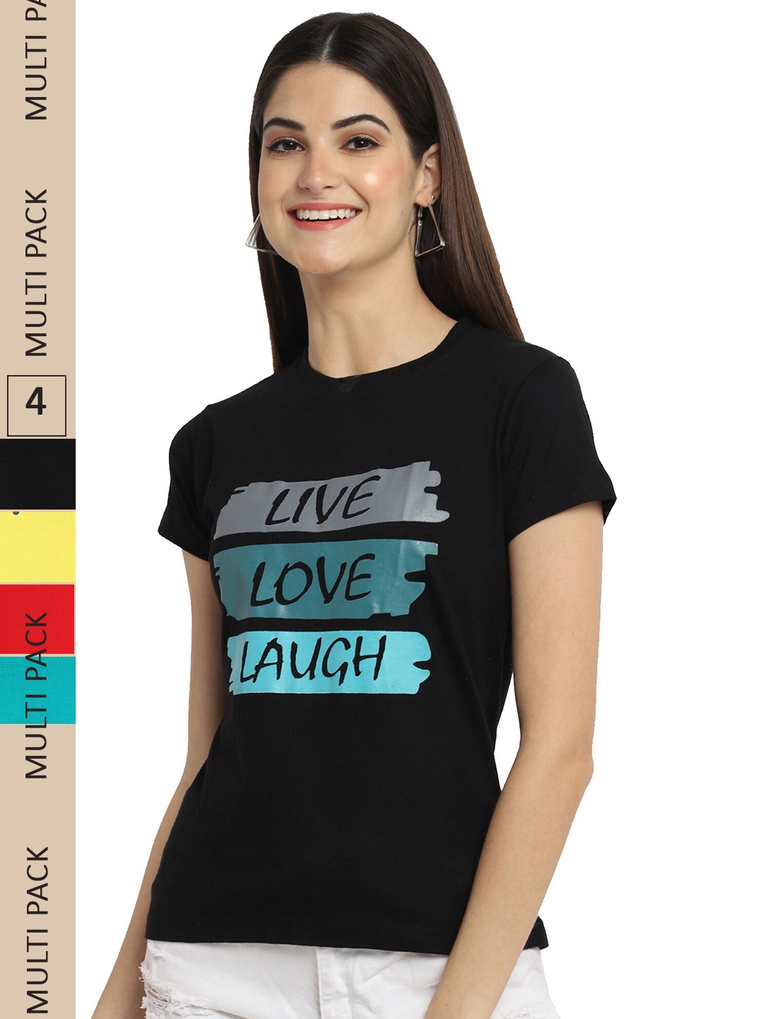 

Fabflee Pack Of 4 Printed Cotton T-shirts, Black