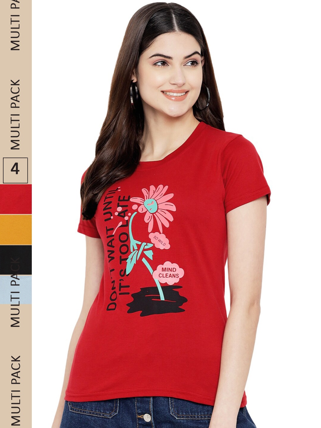 

Fabflee Pack Of 4 Graphic Printed Cotton T-shirts, Red