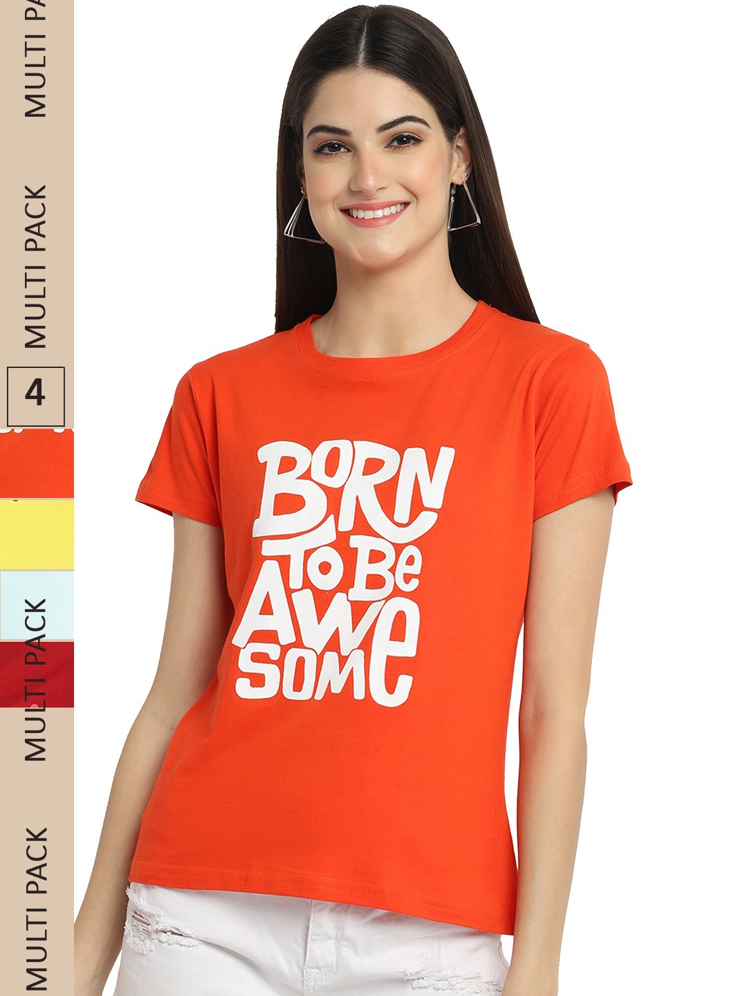 

Fabflee Pack Of 4 Graphic Printed Cotton T-shirts, Orange