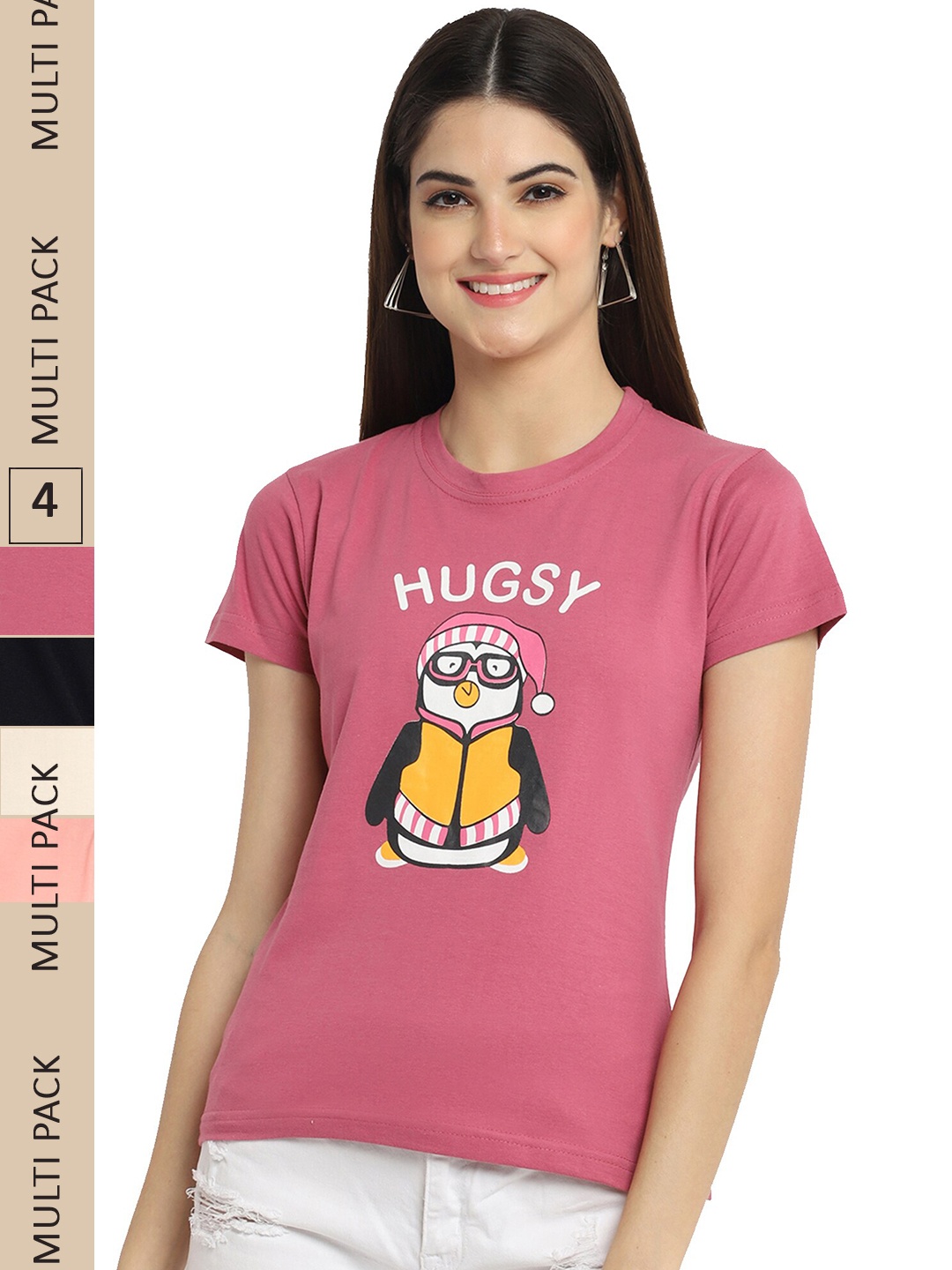

Fabflee Pack Of 4 Graphic Printed Cotton T-shirt, Pink