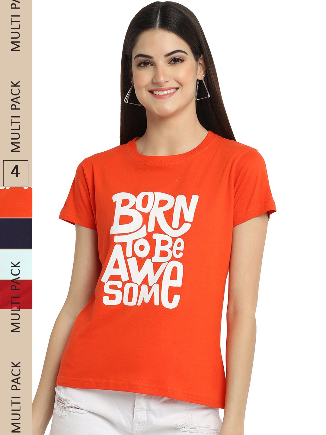 

Fabflee Pack Of 4 Typography Printed Cotton T-shirt, Orange