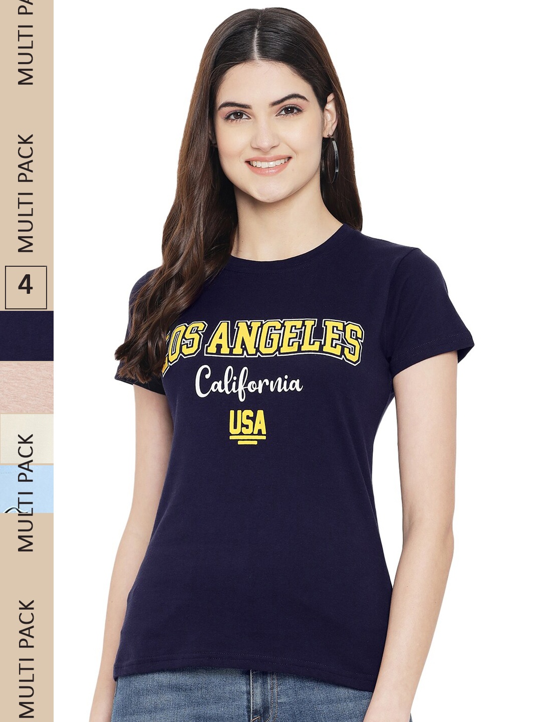 

Fabflee Pack Of 4 Printed Cotton T-shirts, Navy blue