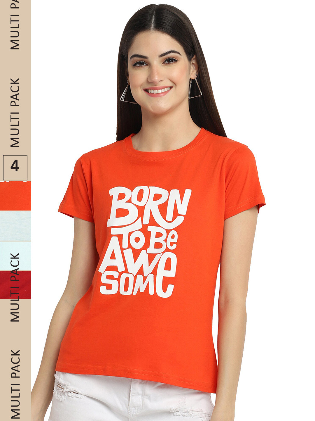 

Fabflee Pack Of 4 Printed Cotton T-shirts, Orange