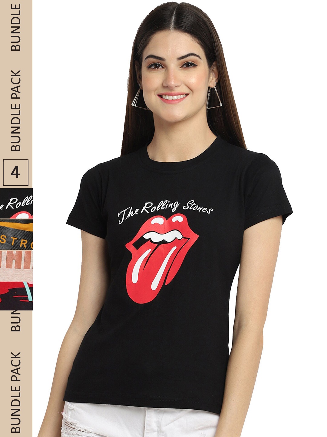 

Fabflee Pack Of 4 Printed Cotton T-shirts, Black