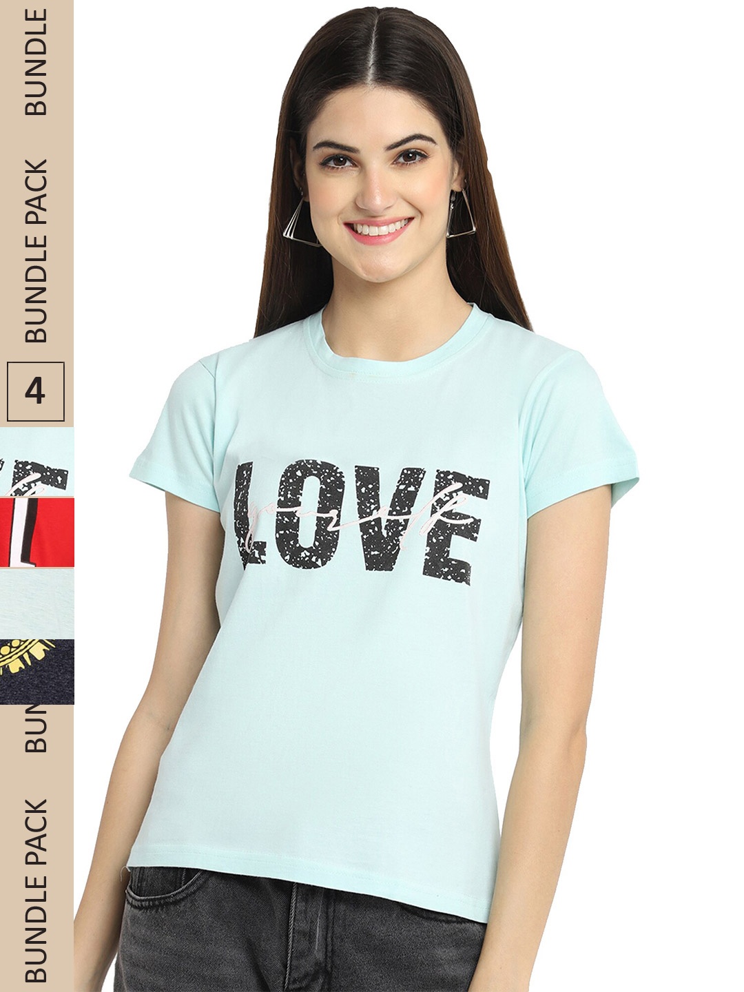

Fabflee Pack Of 4 Printed Cotton T-Shirts, Blue