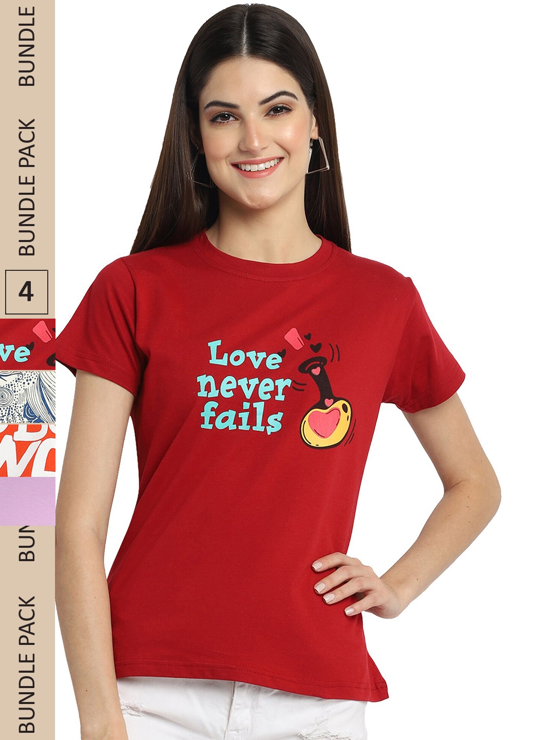

Fabflee Pack Of 4 Graphic Printed Cotton T-shirts, Red