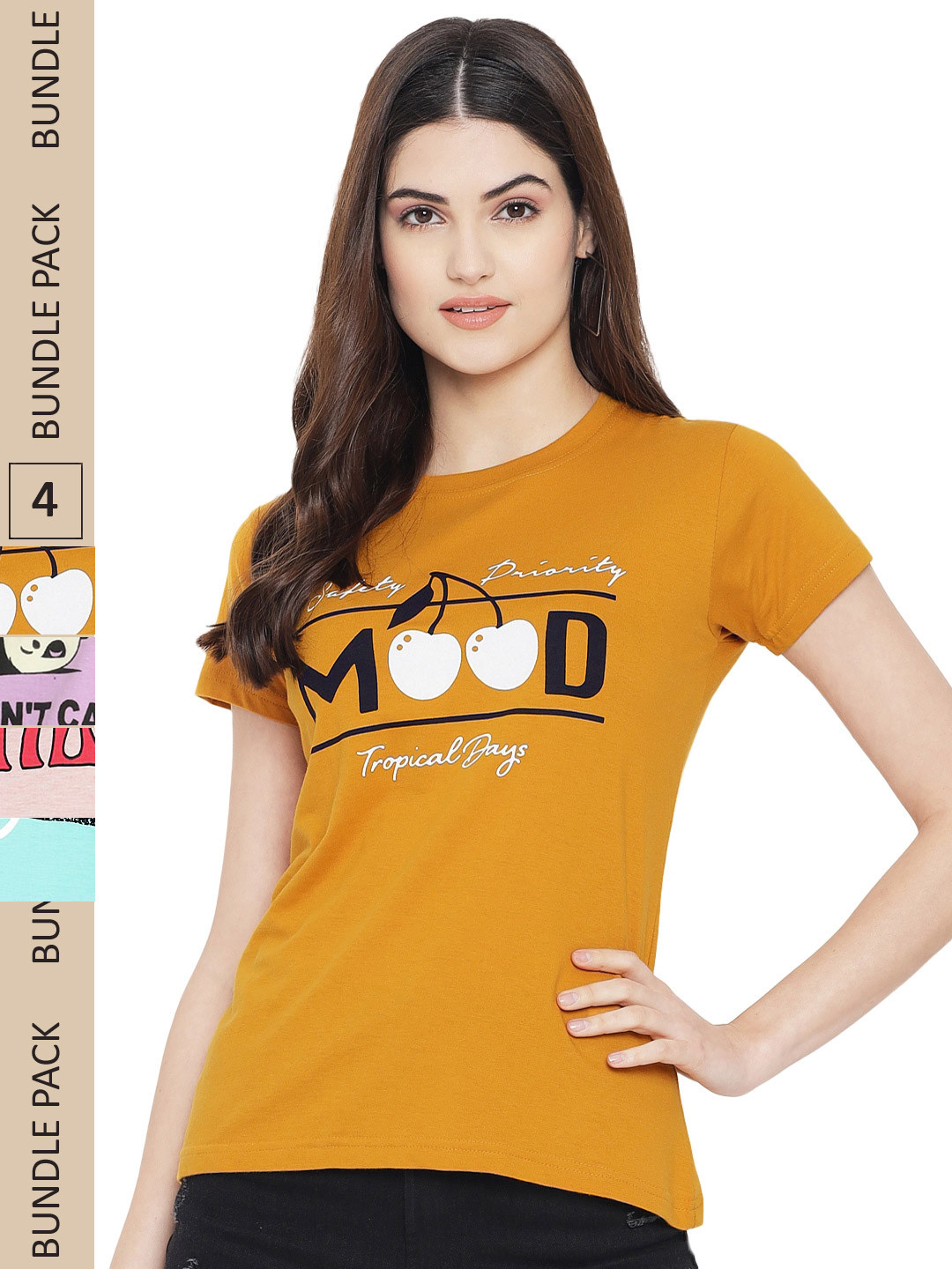 

Fabflee Pack Of 4 Printed Cotton T-shirts, Mustard