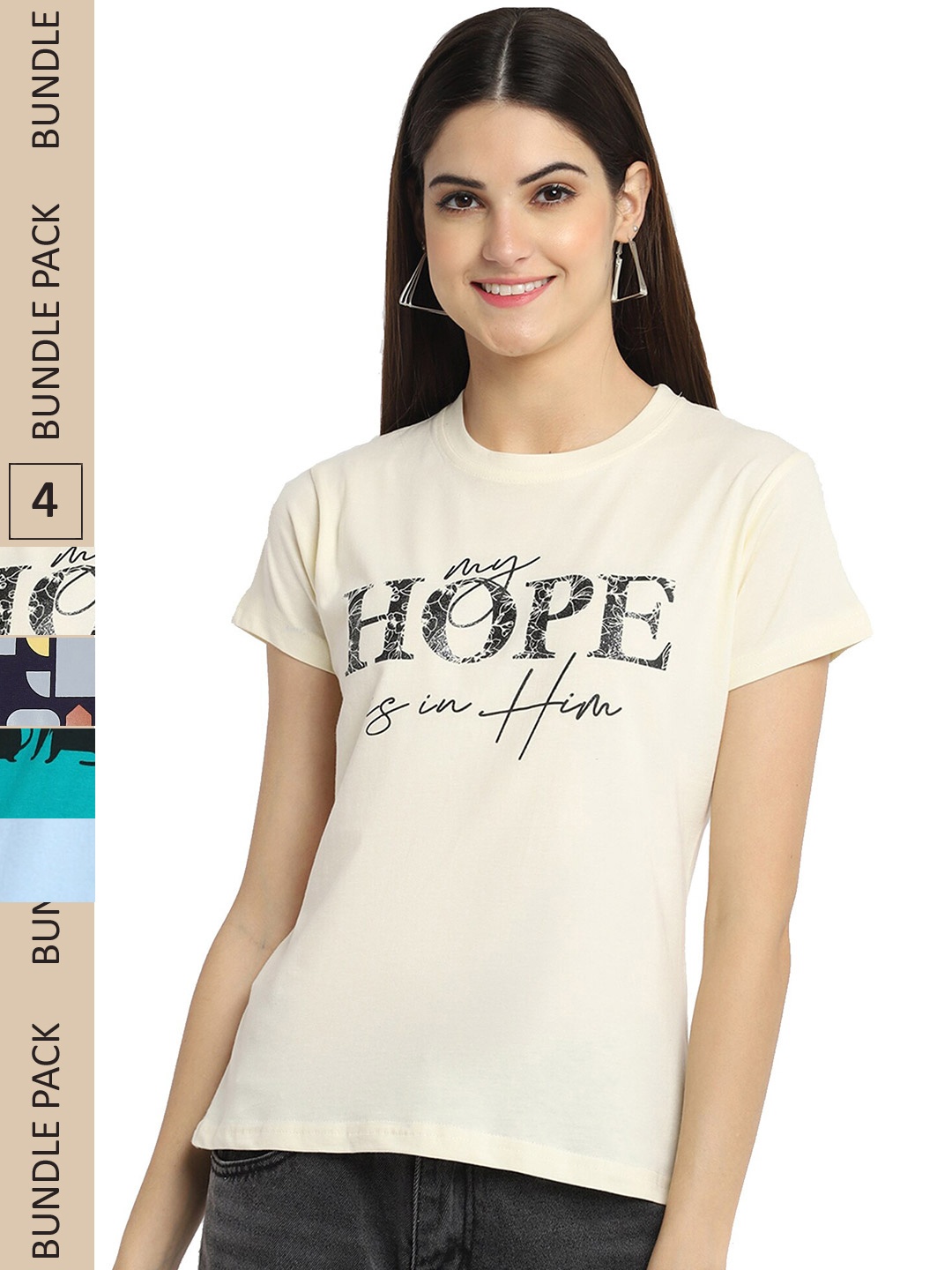 

Fabflee Pack Of 4 Graphic Printed Cotton T-shirts, Off white