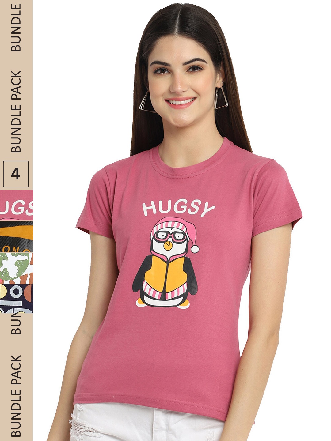 

Fabflee Pack of 4 Printed Cotton T-shirts, Pink