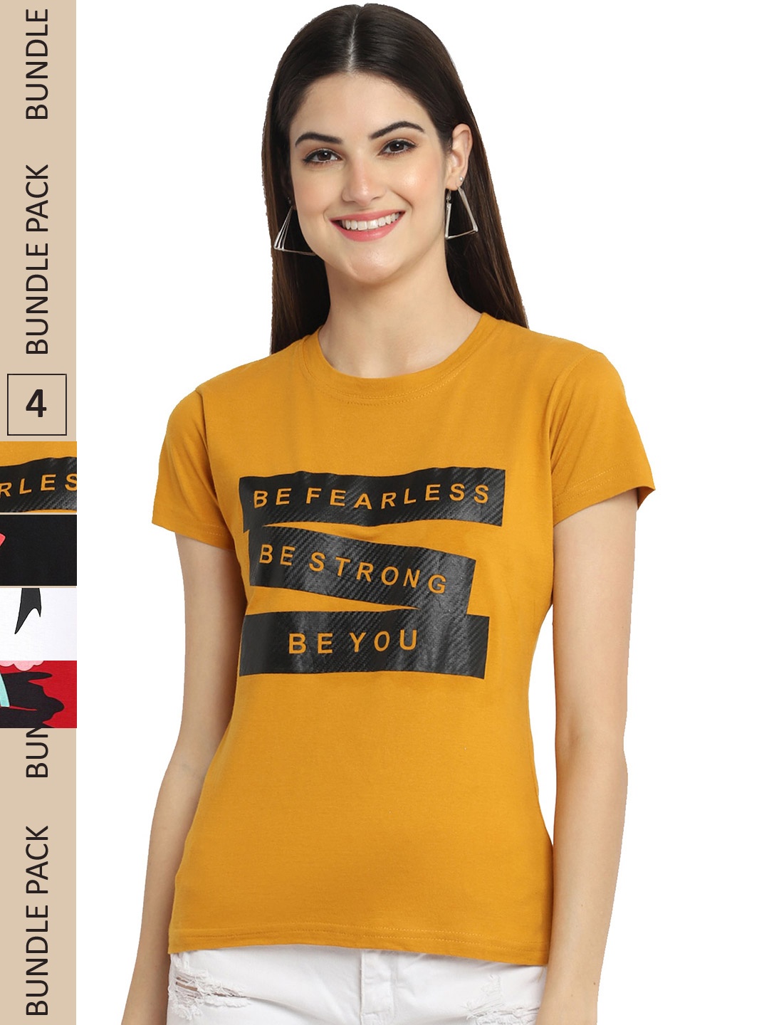 

Fabflee Pack of 4 Graphic Printed Round Neck Cotton T-shirt, Mustard