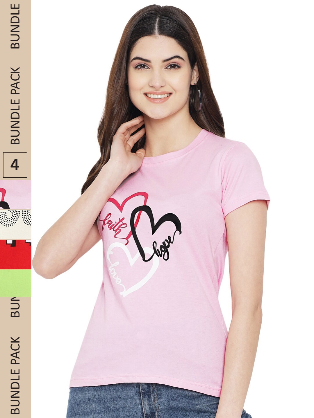 

Fabflee Pack Of 4 Graphic Printed Cotton T-shirts, Pink