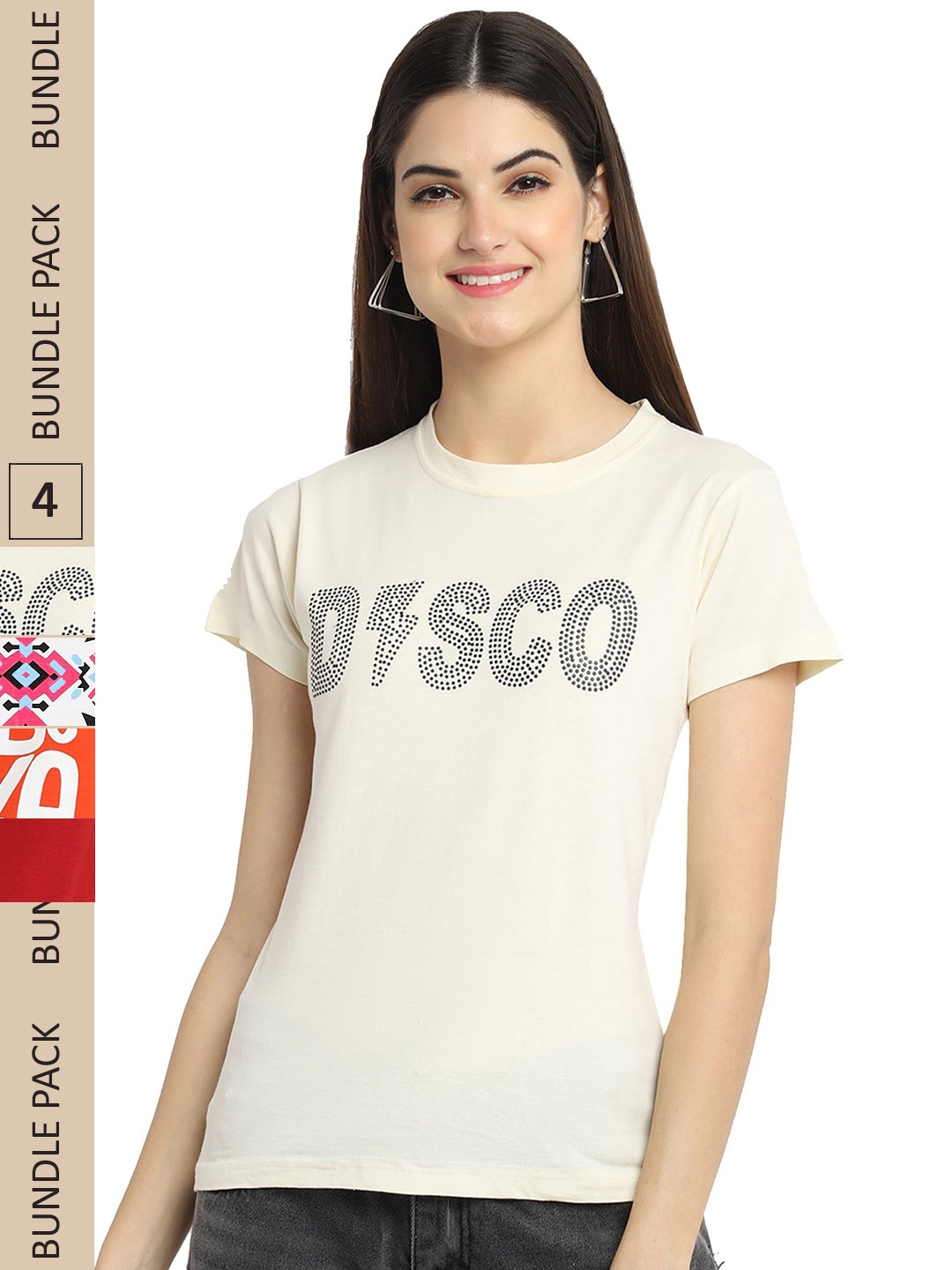 

Fabflee Pack Of 4 Printed Cotton T-shirts, Off white