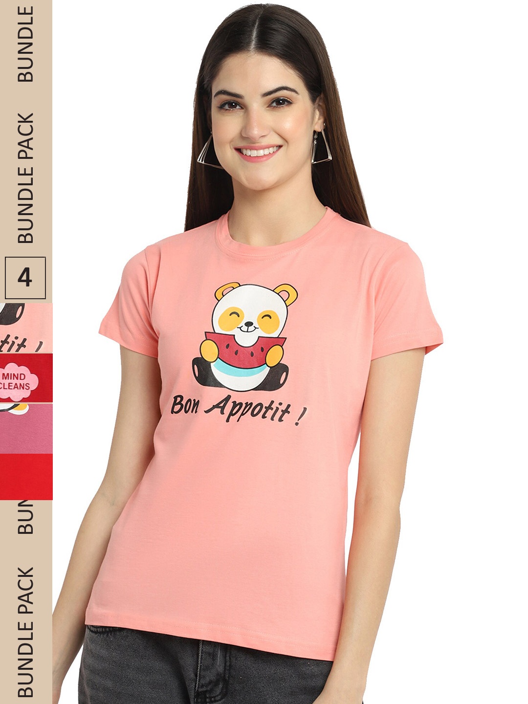 

Fabflee Pack Of 4 Printed Cotton T-shirts, Peach
