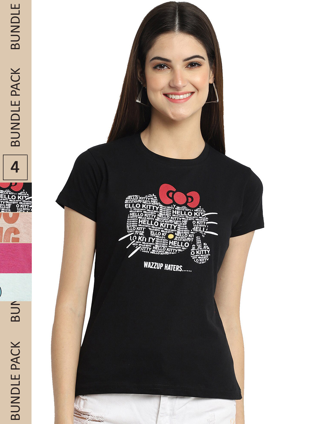 

Fabflee Pack Of 4 Printed Cotton T-shirts, Black