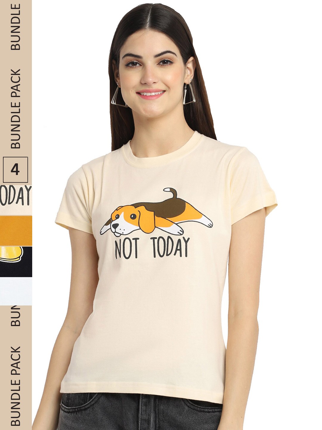 

Fabflee Pack Of 4 Graphic Printed Cotton T-shirt, Beige