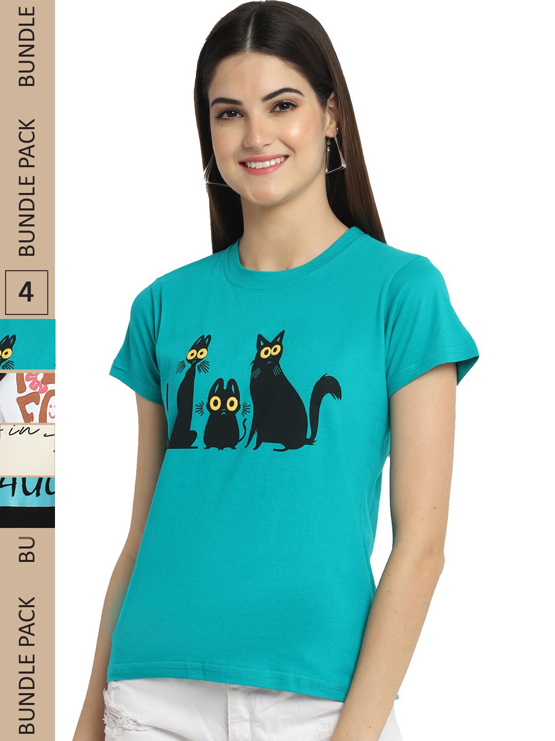 

Fabflee Pack Of 4 Printed Cotton T-shirts, Teal