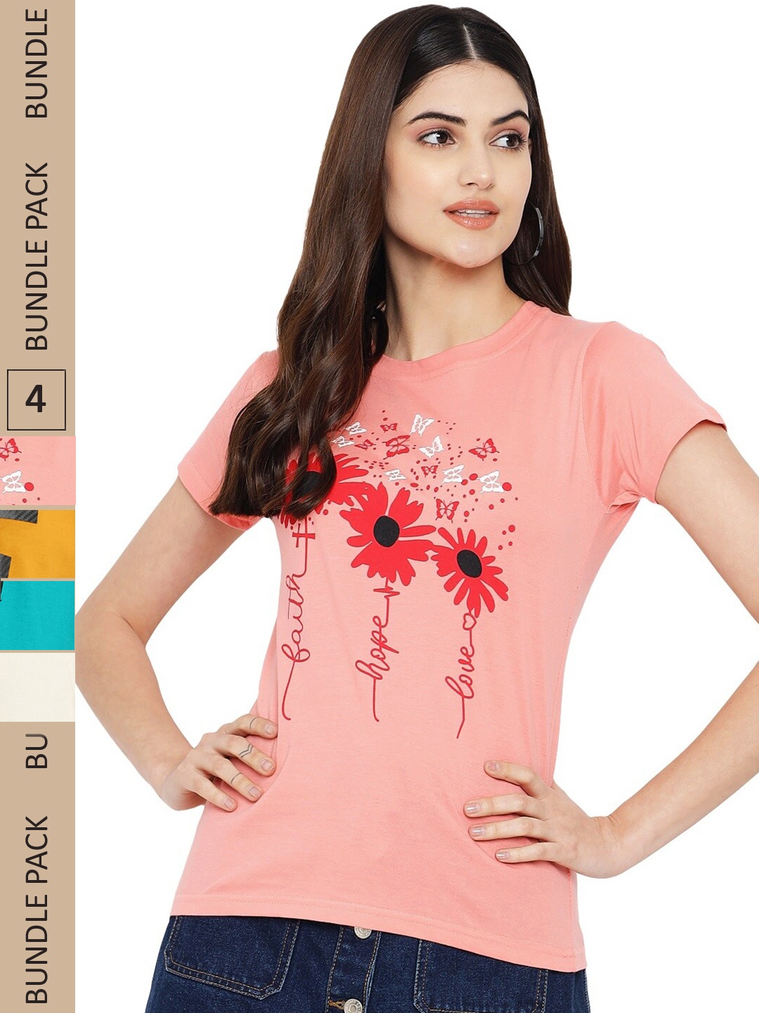 

Fabflee Pack Of 4 Printed Cotton T-shirts, Pink
