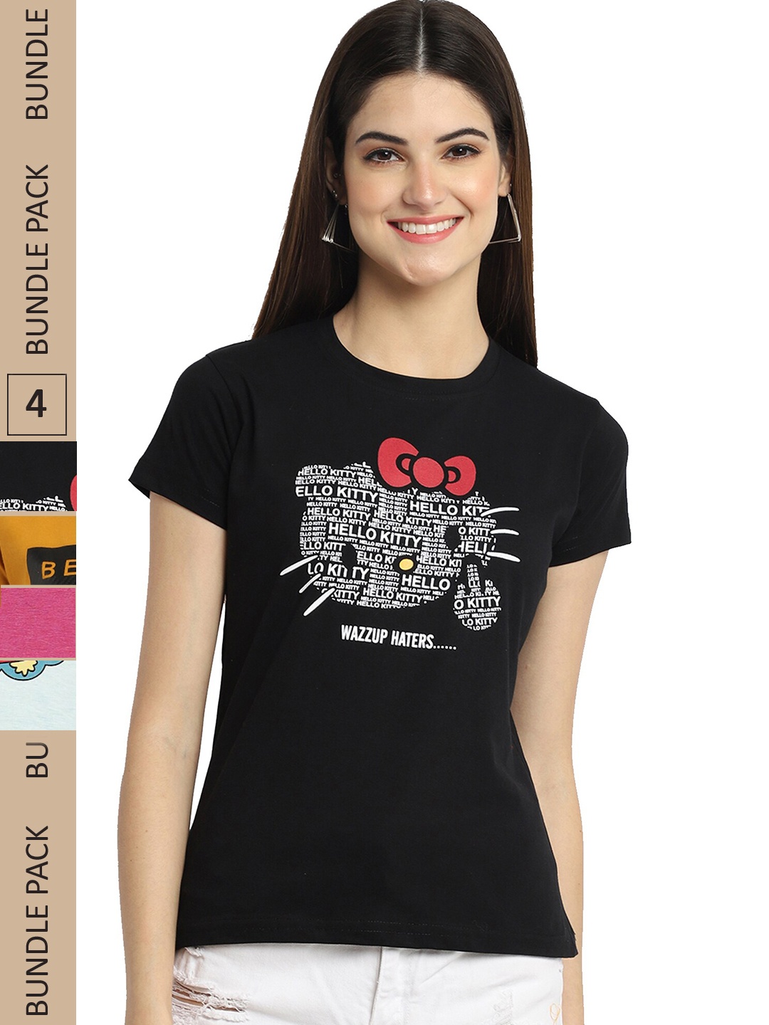 

Fabflee Pack Of 4 Typography Printed Cotton T-Shirt, Black
