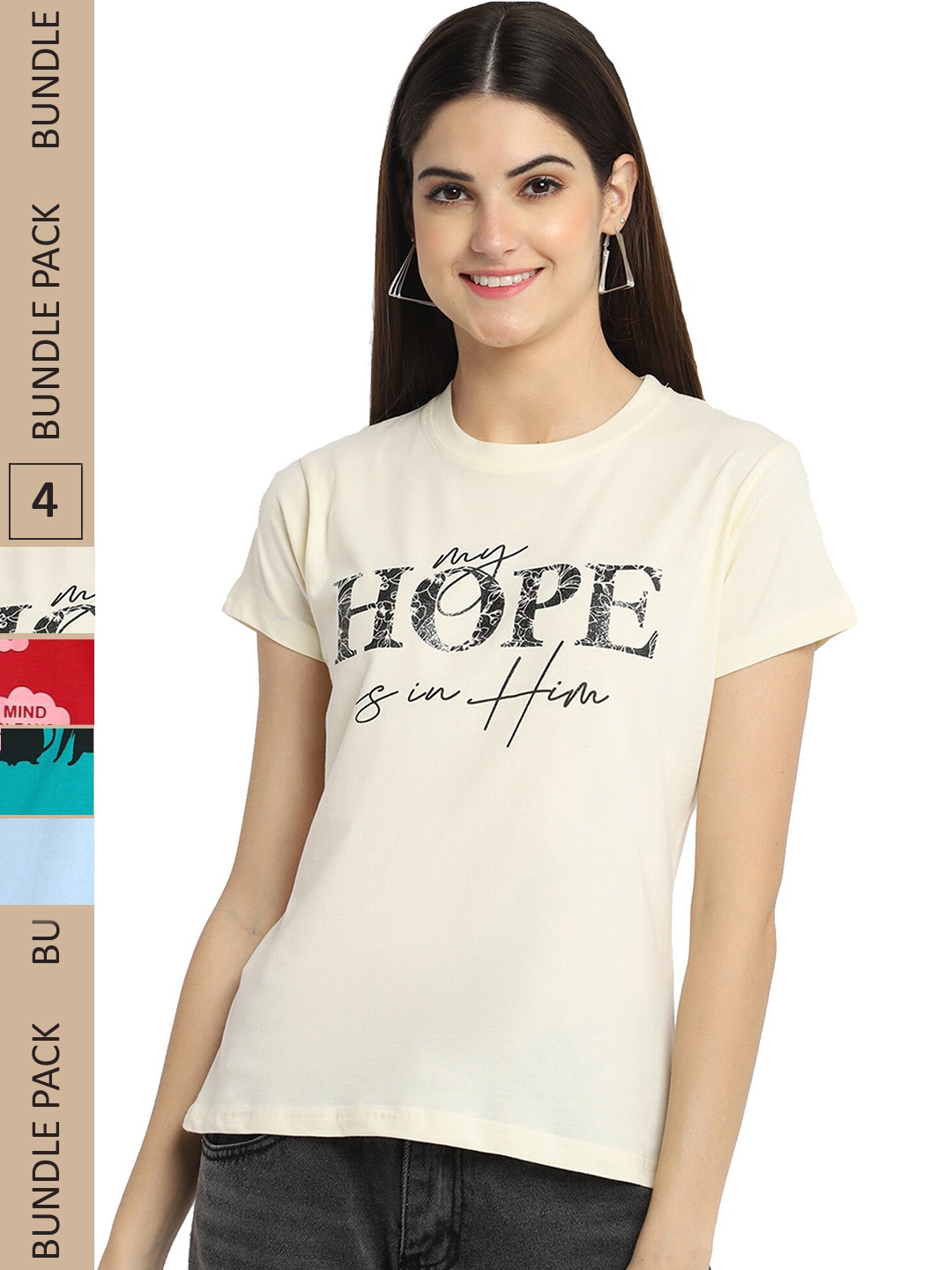 

Fabflee Pack of 4 Graphic Printed Cotton T-shirt, Cream