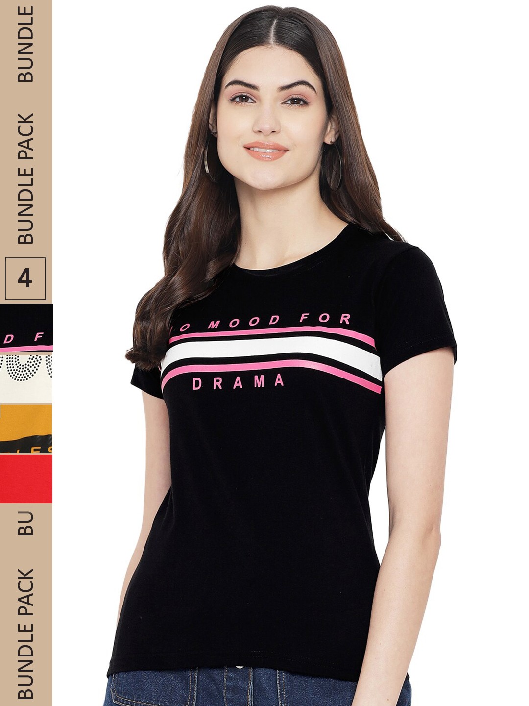 

Fabflee Pack Of 4 Printed Cotton T-shirts, Black