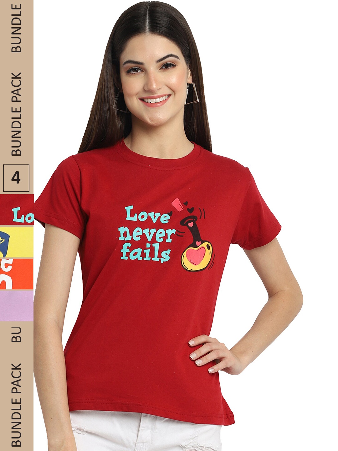 

Fabflee Pack Of 4 Printed Cotton T-shirts, Maroon