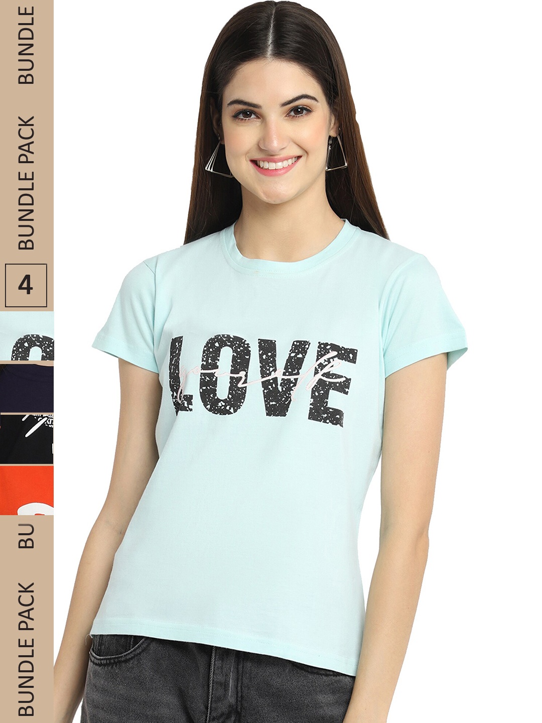 

Fabflee Pack Of 4 Typography Printed Round Neck Comfortable Cotton T-shirts, Blue