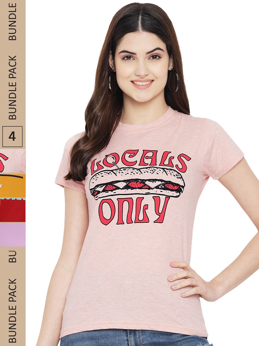 

Fabflee Pack Of 4 Printed Cotton T-shirts, Pink