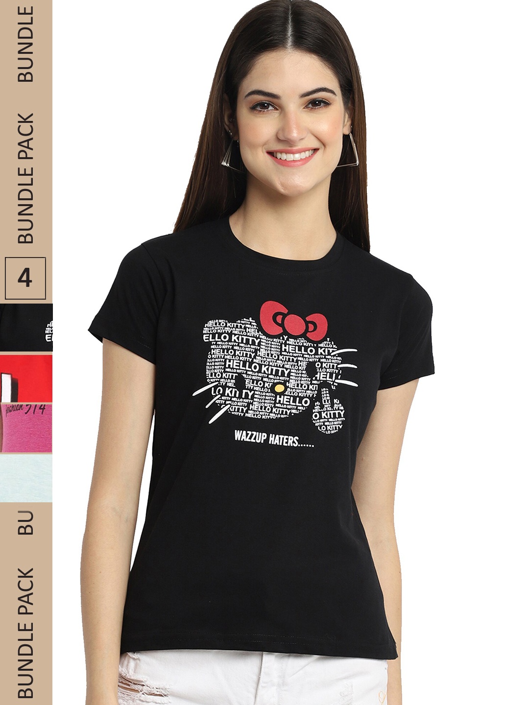 

Fabflee Pack of 4 Printed Cotton T-shirts, Black