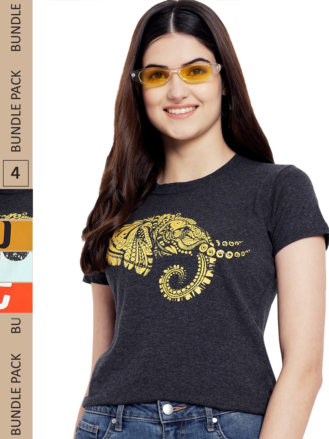 

Fabflee Pack of 4 Graphic Printed Round Neck Cotton T-shirt, Charcoal