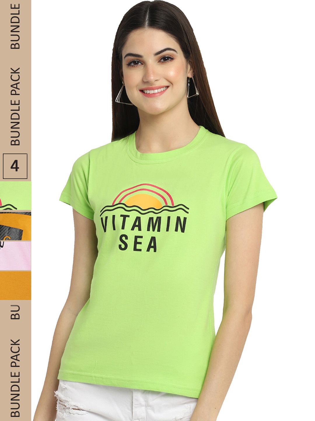 

Fabflee Pack Of 4 Typography Printed Cotton T-Shirt, Green