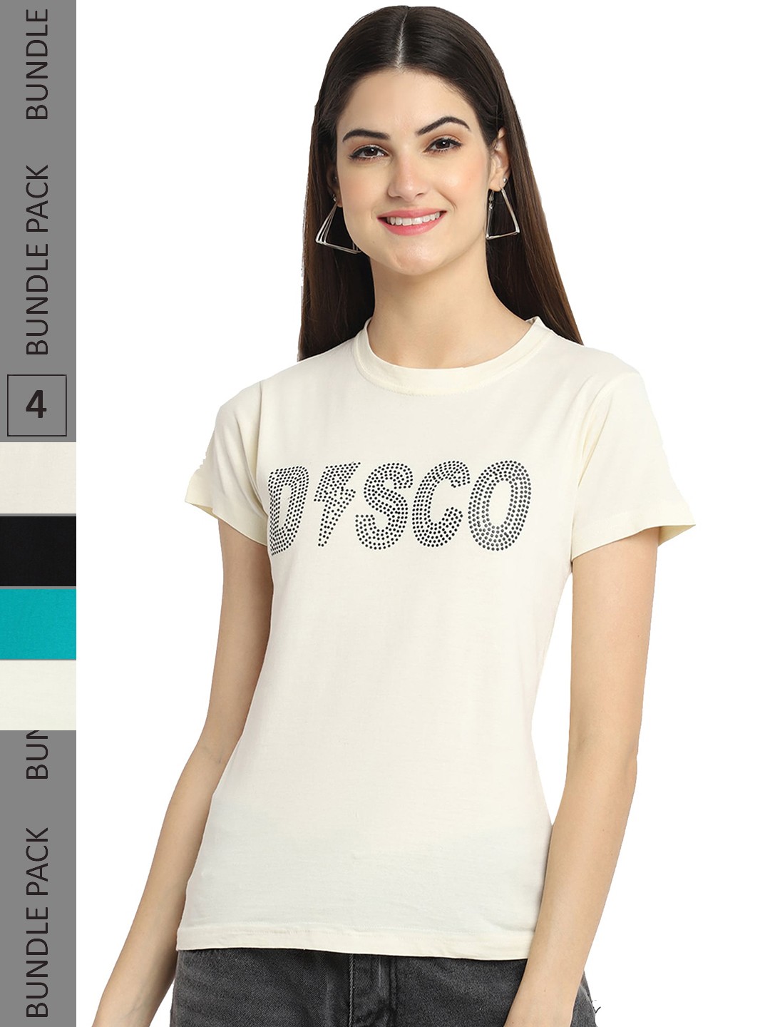 

Fabflee Pack Of 4 Typography Printed Cotton T-Shirts, Off white