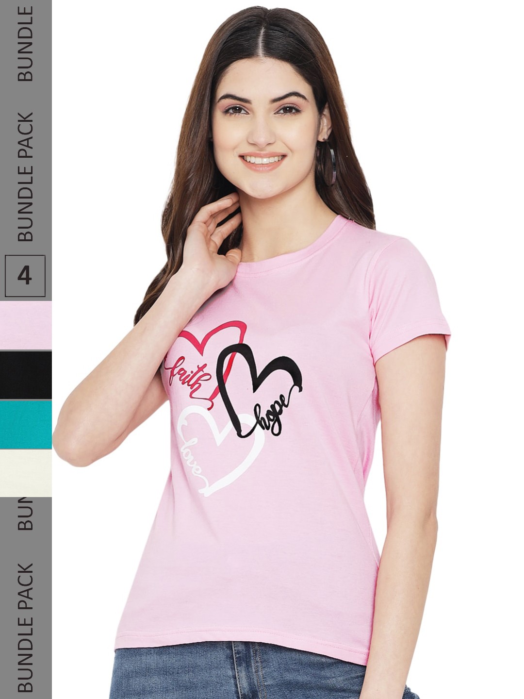 

Fabflee Pack of 4 Graphic Printed Round Neck Cotton T-shirt, Pink