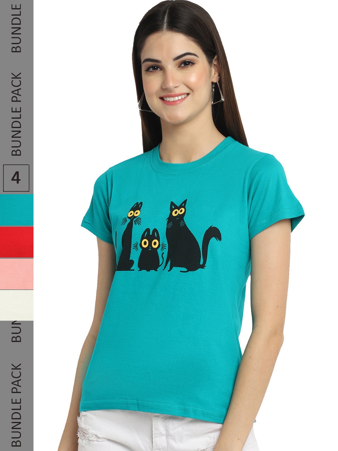 

Fabflee Pack Of 4 Printed Cotton T-shirts, Turquoise blue