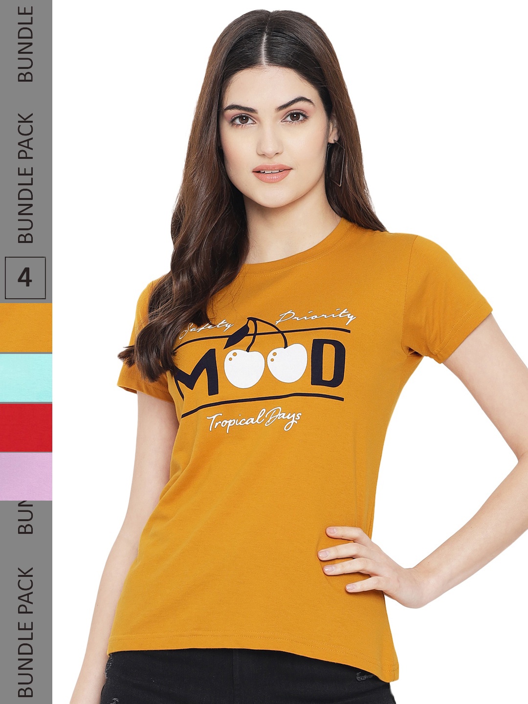 

Fabflee Pack Of 4 Typography Printed Cotton T-Shirts, Mustard