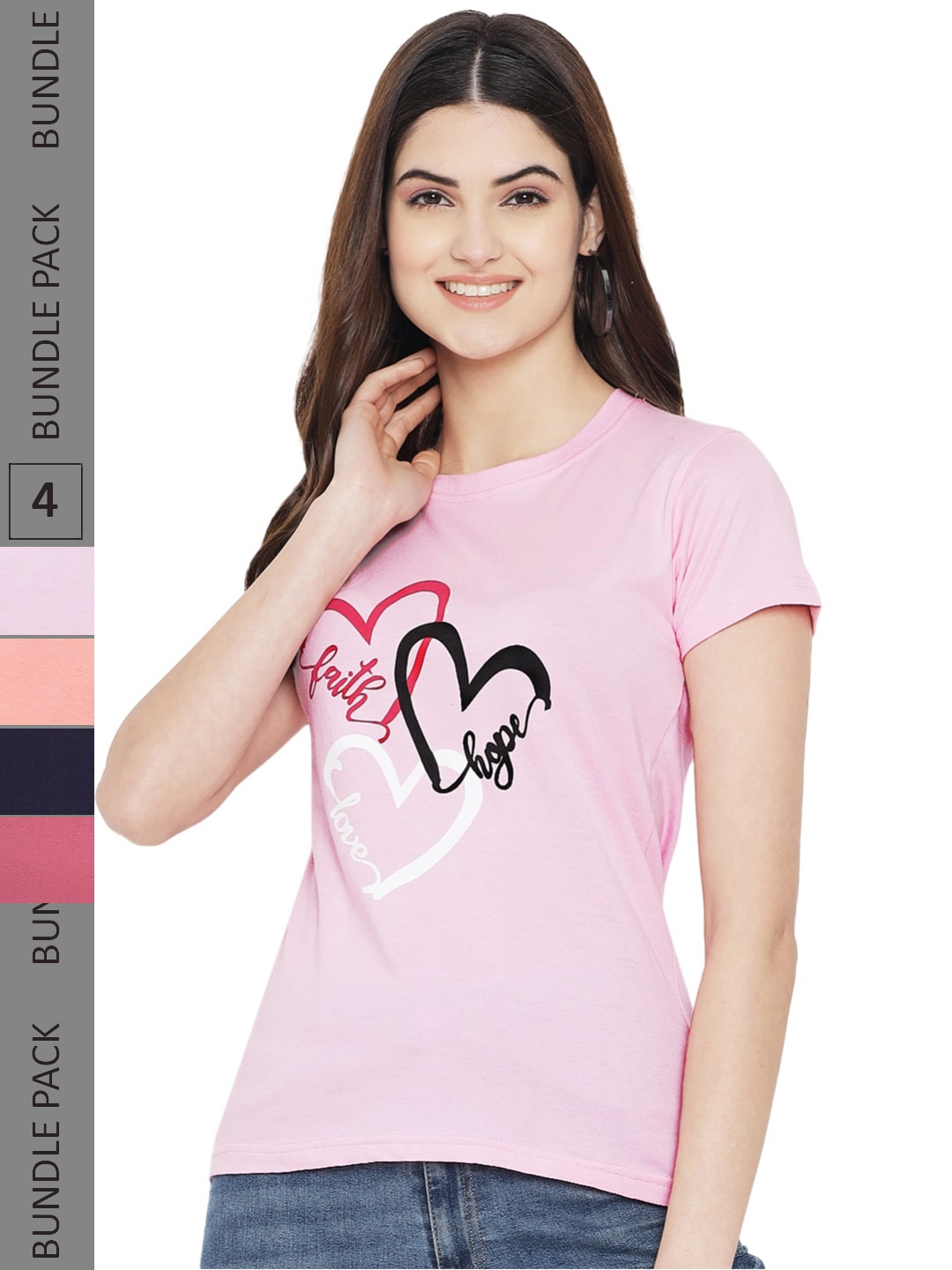 

Fabflee Pack Of 4 Typography Printed Cotton T-Shirt, Pink