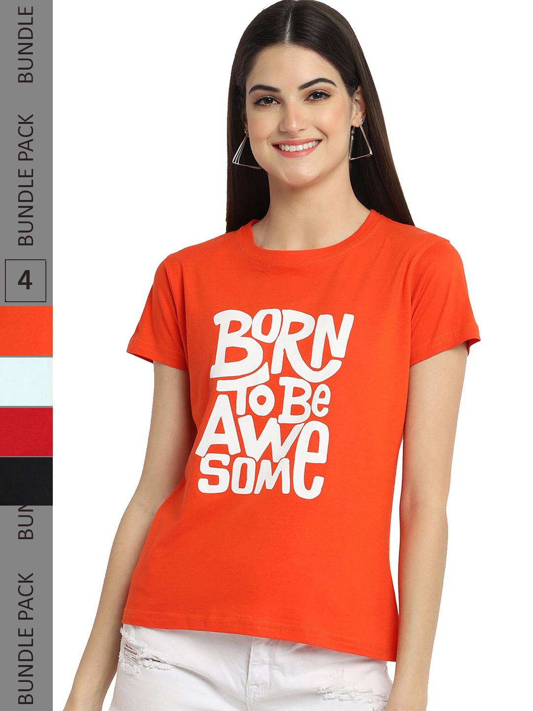 

Fabflee Pack Of 4 Typography Printed Cotton T-Shirts, Orange