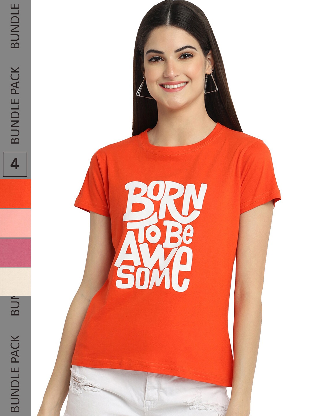 

Fabflee Pack Of 4 Printed Cotton T-shirts, Orange