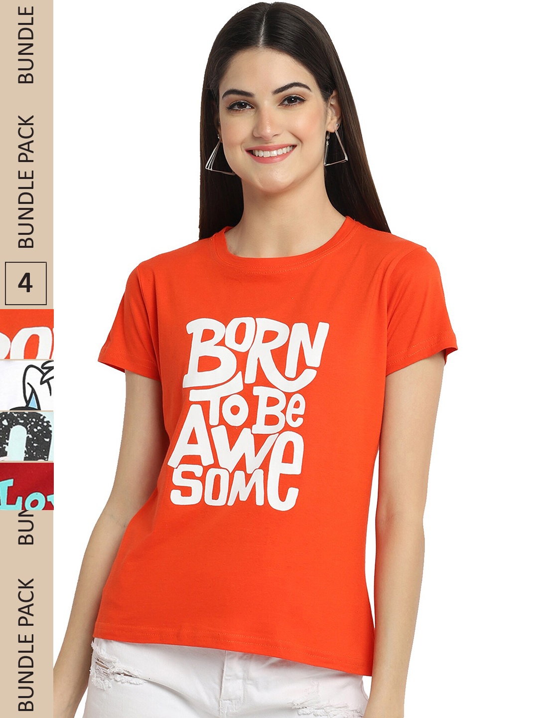 

Fabflee Pack Of 4 Typography Printed Cotton T-Shirt, Orange