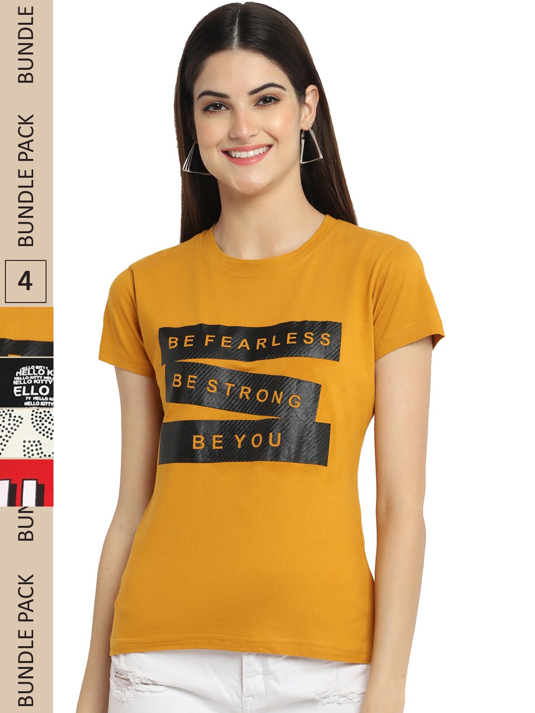 

Fabflee Pack Of 4 Typography Printed Cotton T-Shirts, Mustard