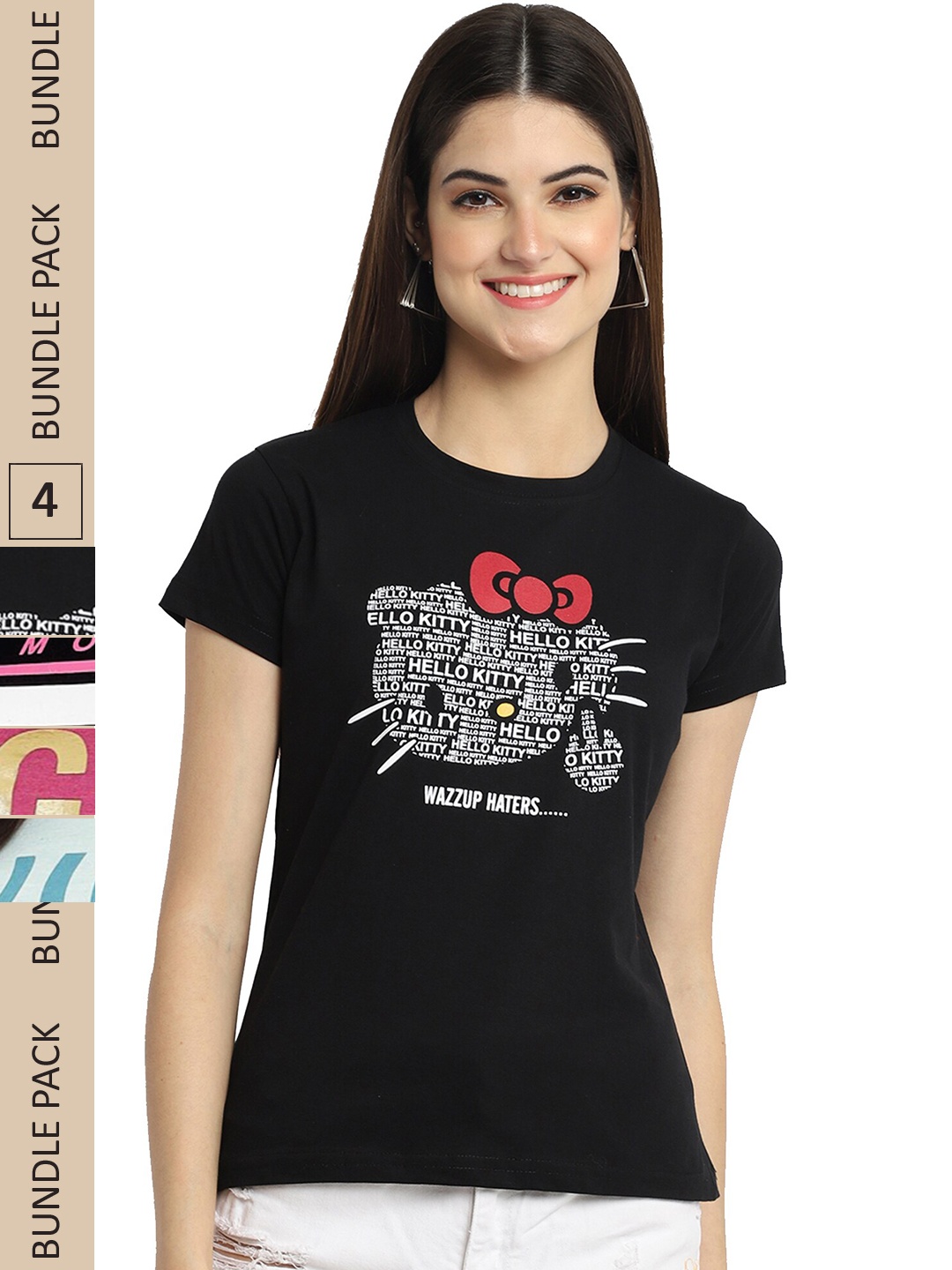

Fabflee Pack Of 4 Typography Printed Cotton T-Shirt, Black