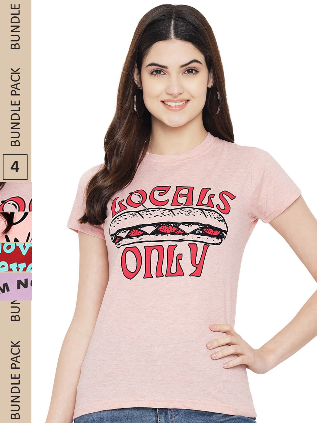 

Fabflee Pack Of 4 Printed Cotton T-shirts, Peach