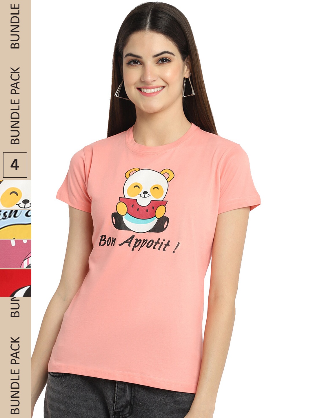 

Fabflee Pack of 4 Graphic Printed Round Neck Cotton T-shirt, Peach