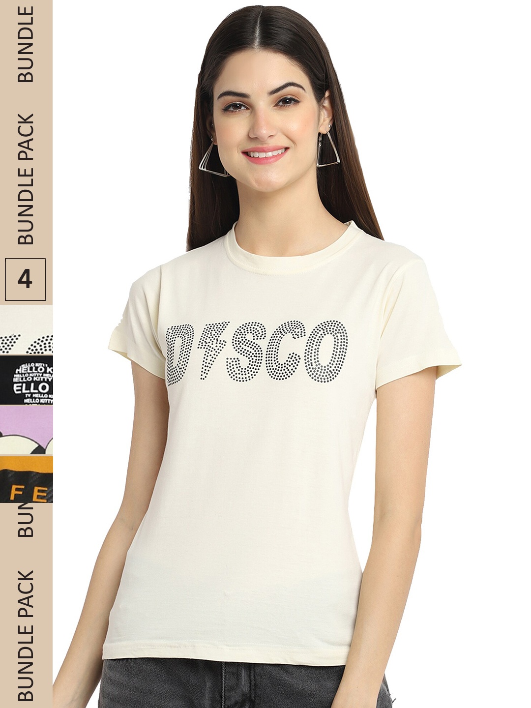 

Fabflee Pack Of 4 Printed Cotton T-shirts, Off white