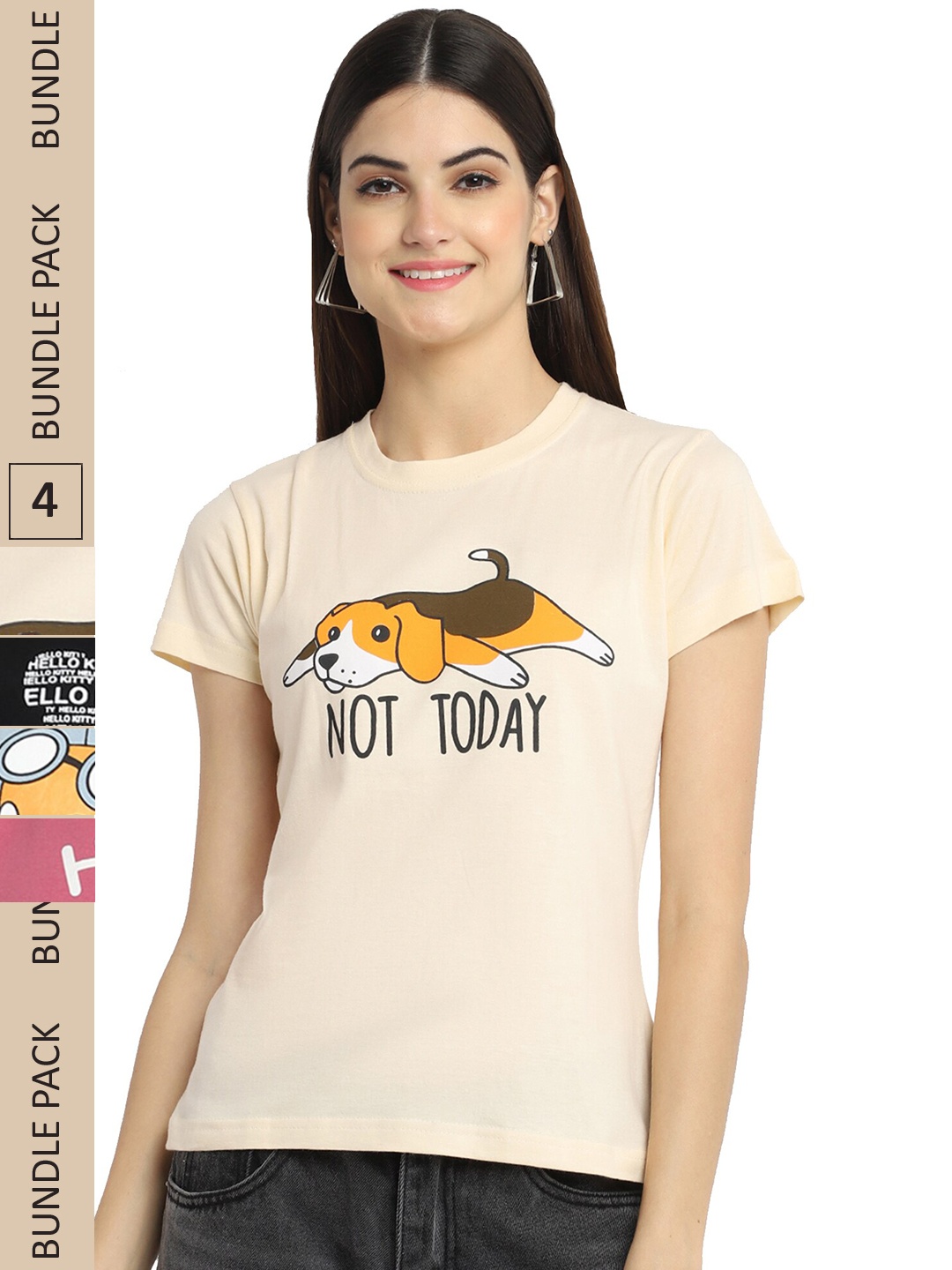 

Fabflee Pack Of 4 Printed Cotton T-Shirts, Beige