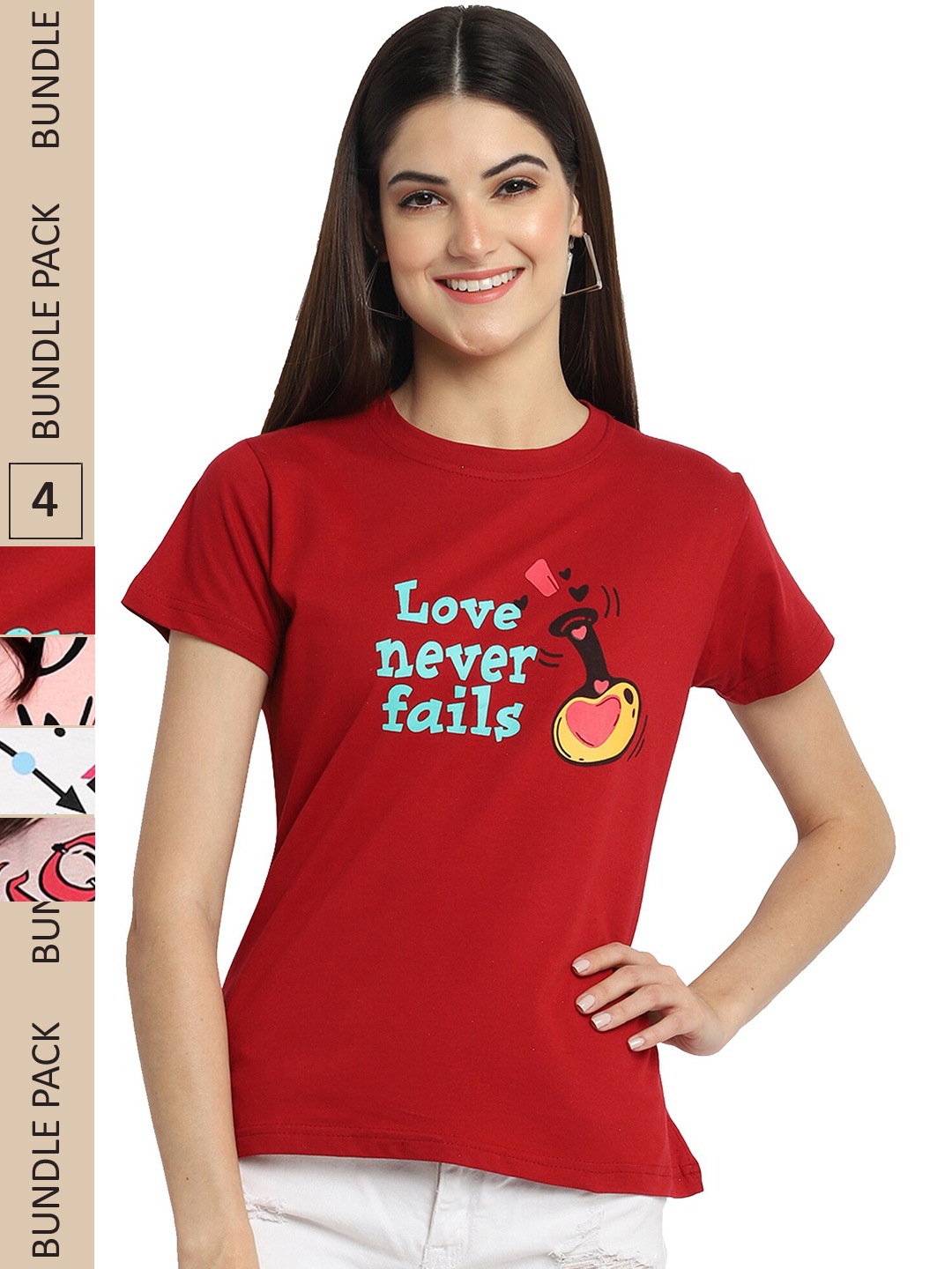 

Fabflee Pack Of 4 Typography Printed Cotton T-Shirt, Red