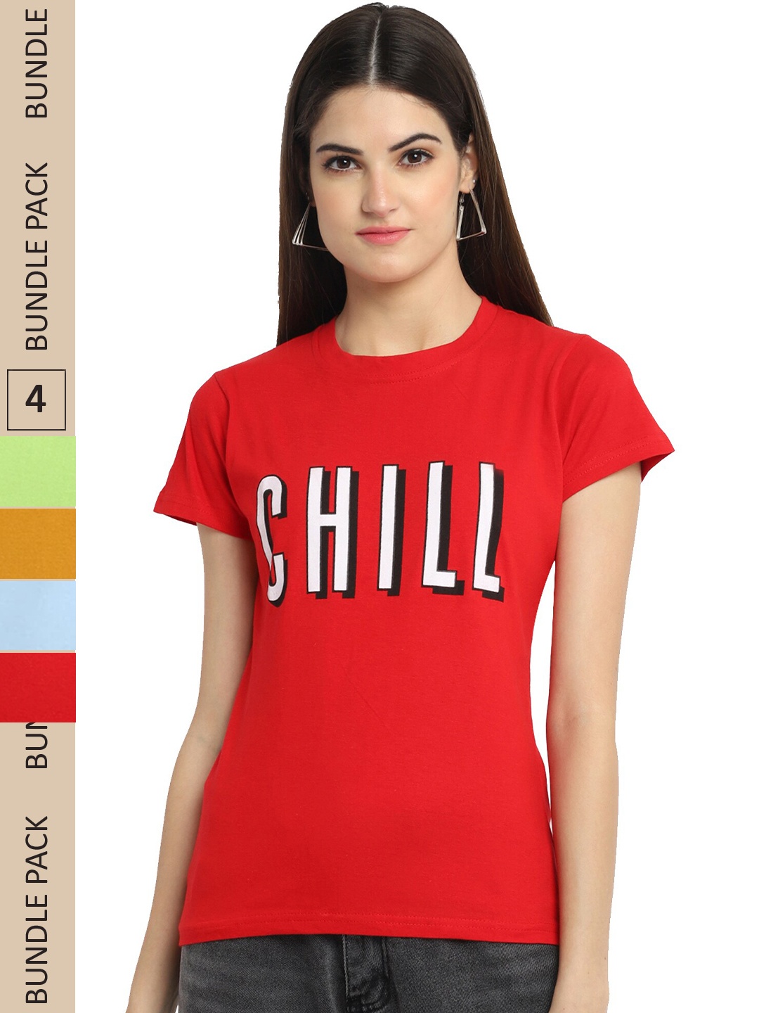 

Fabflee Pack Of 4 Typography Printed Cotton T-shirt, Red