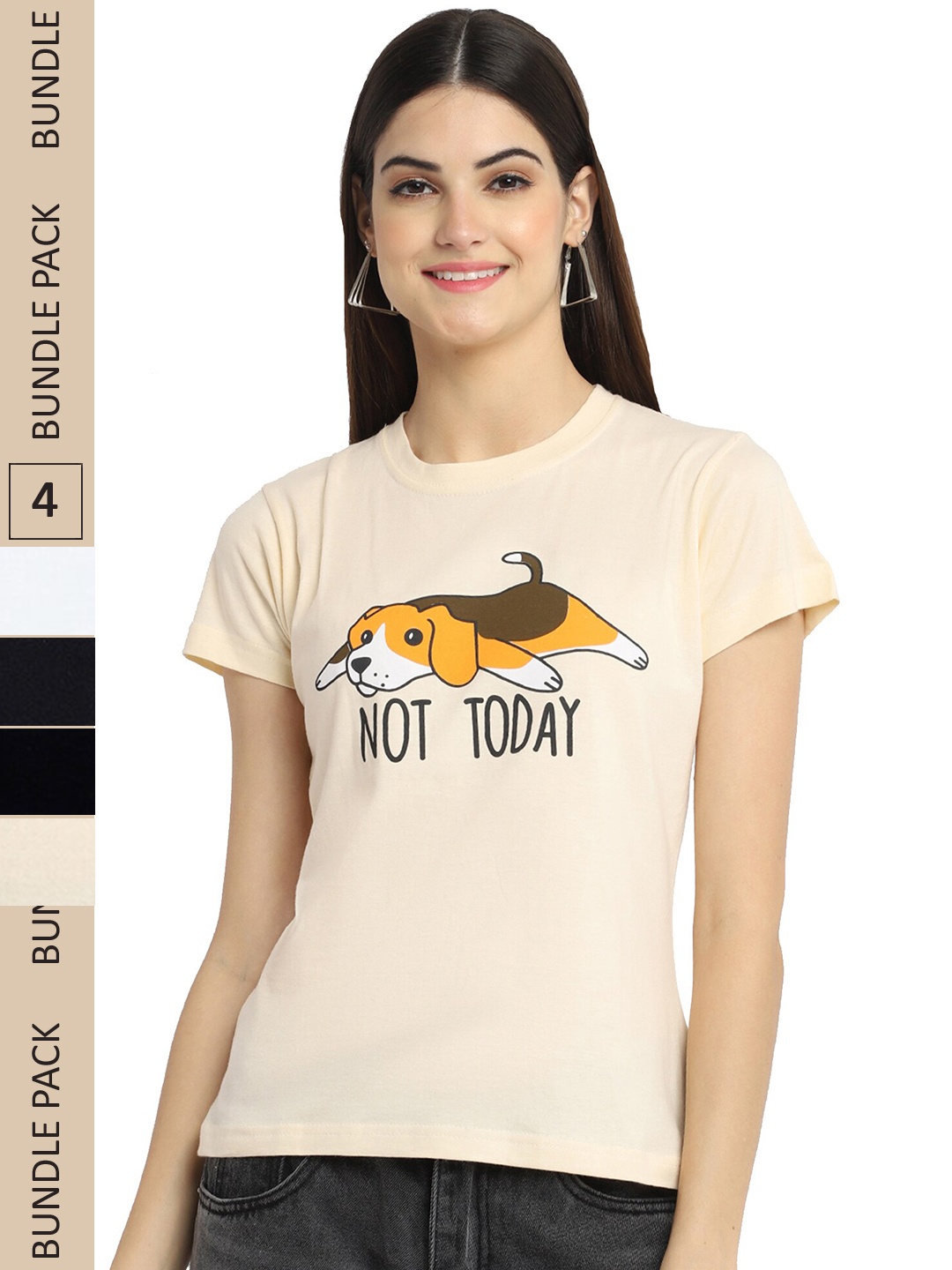 

Fabflee Pack Of 4 Printed Cotton T-Shirts, Beige