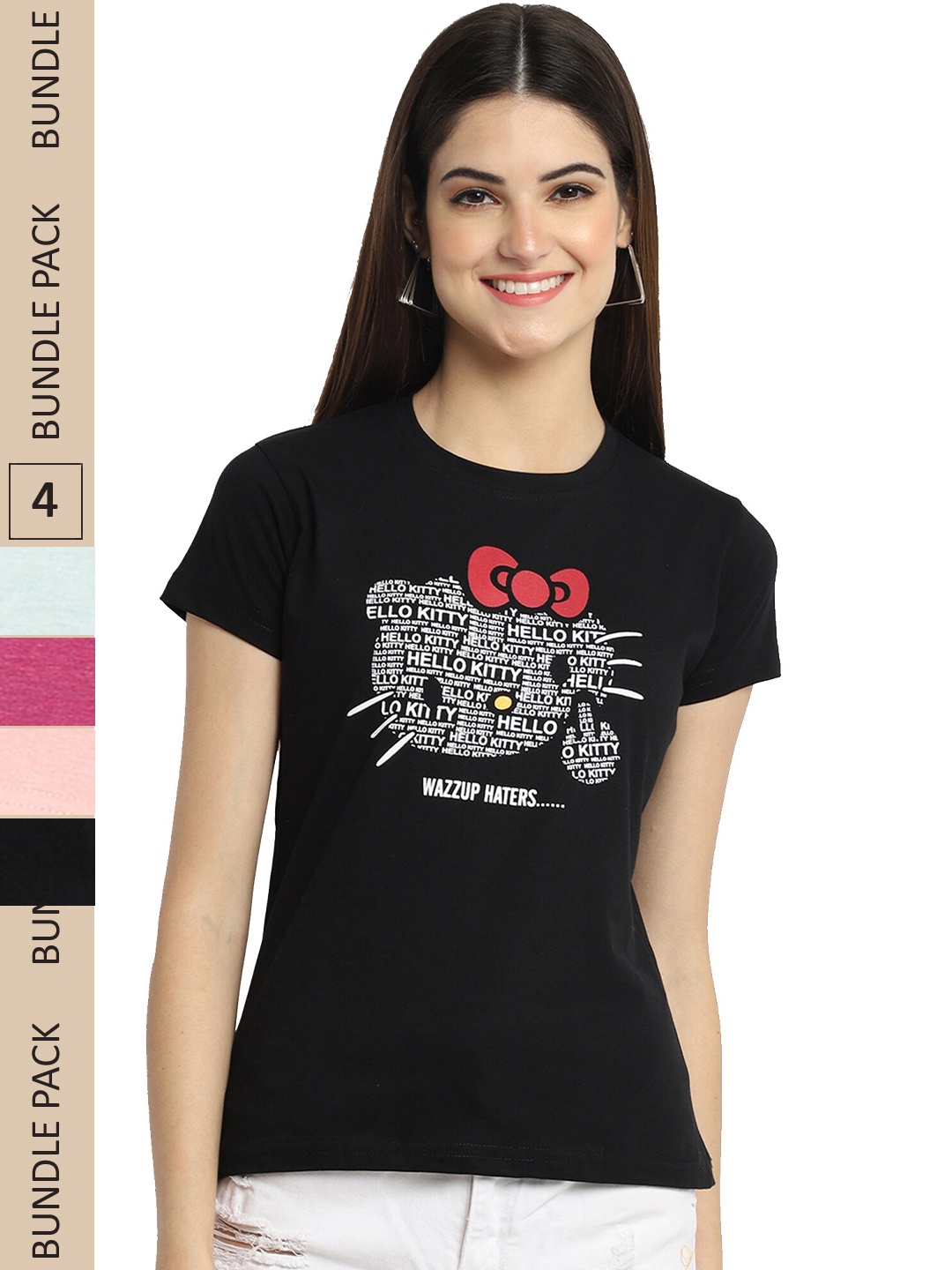 

Fabflee Pack Of 4 Printed Cotton T-shirts, Black